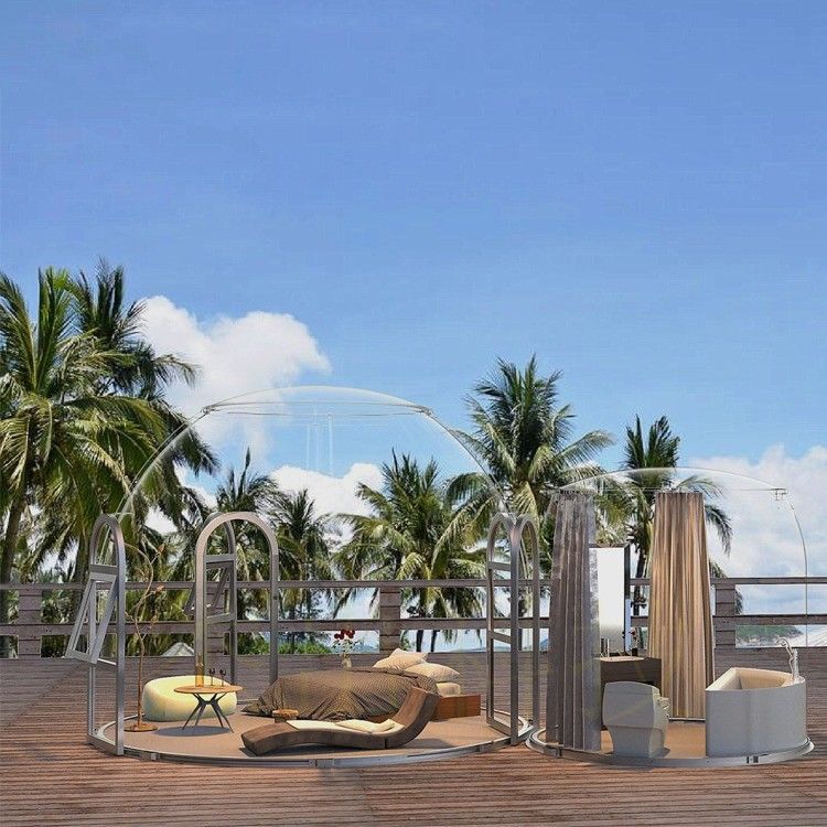 Panoramablick Containerhäuser Kuppel Sternansicht Außensicht Transparentes Haus und Kunststoff Sonnenzimmer